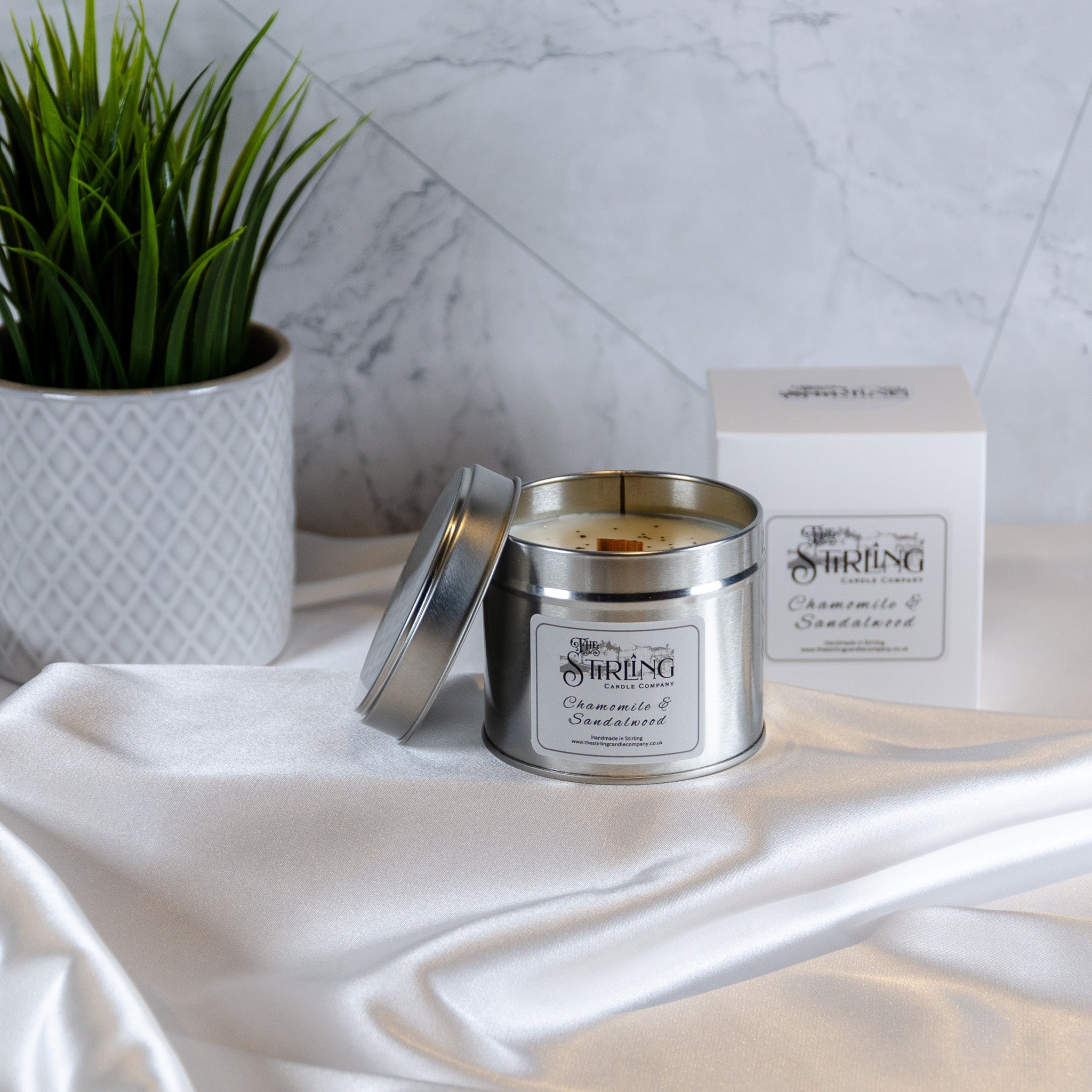 Chamomile & Sandalwood travel tin candle with wooden wick by Stirling Candle Company