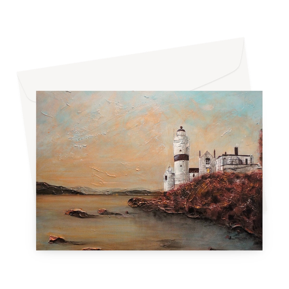 Cloch Lighthouse Dawn Art Gifts Greeting Card-Greetings Cards-River Clyde Art Gallery-A5 Landscape-1 Card-Paintings, Prints, Homeware, Art Gifts From Scotland By Scottish Artist Kevin Hunter