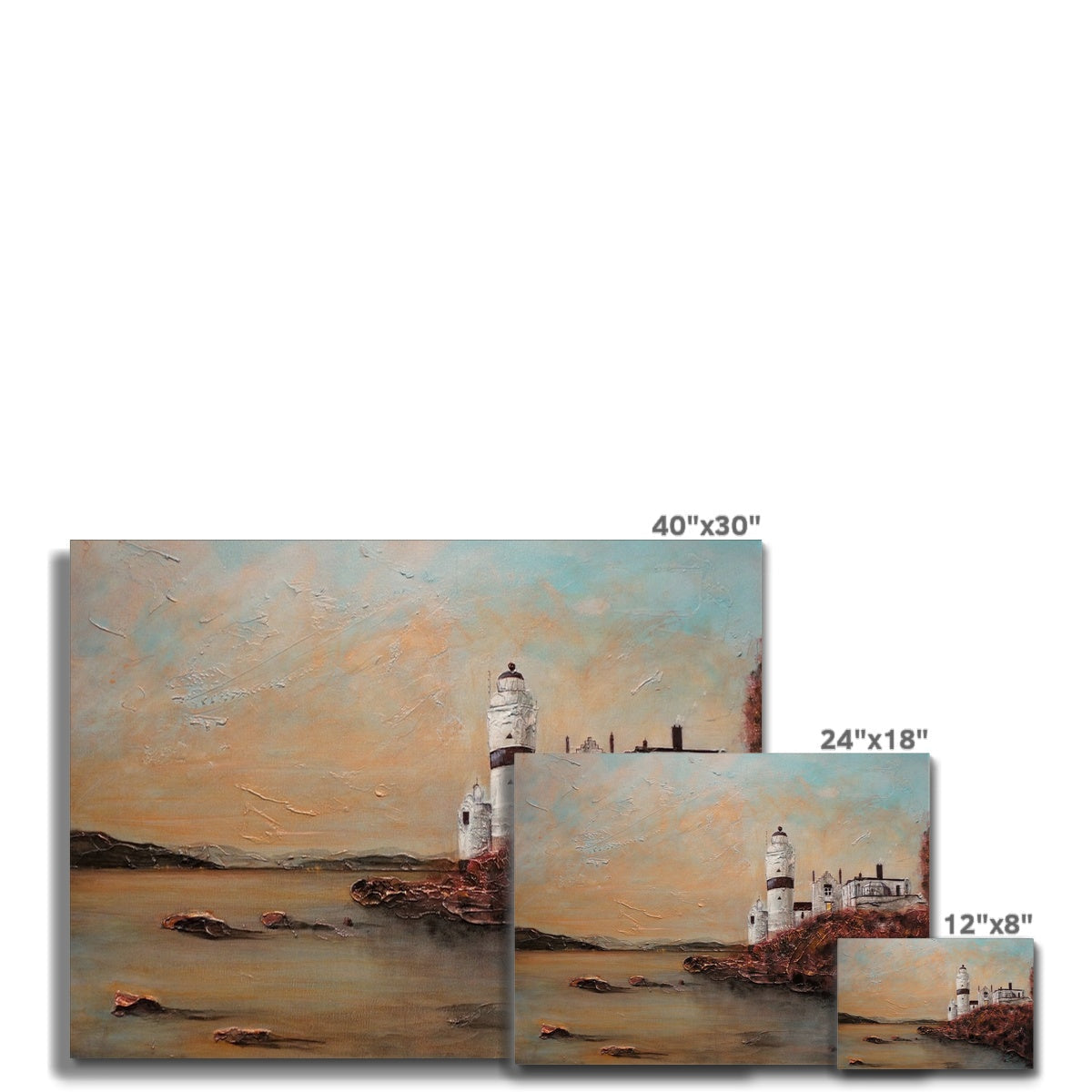 Three nested Canvas prints depicting a lighthouse scene titled Cloch Lighthouse Dawn Canvas