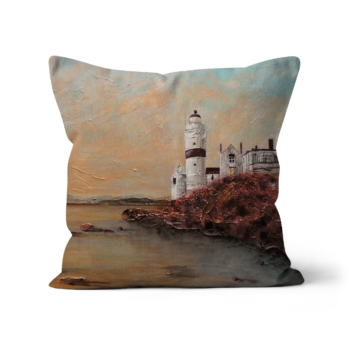 Decorative Cloch Lighthouse Dawn Cushion with coastal scene painting and lighthouse design