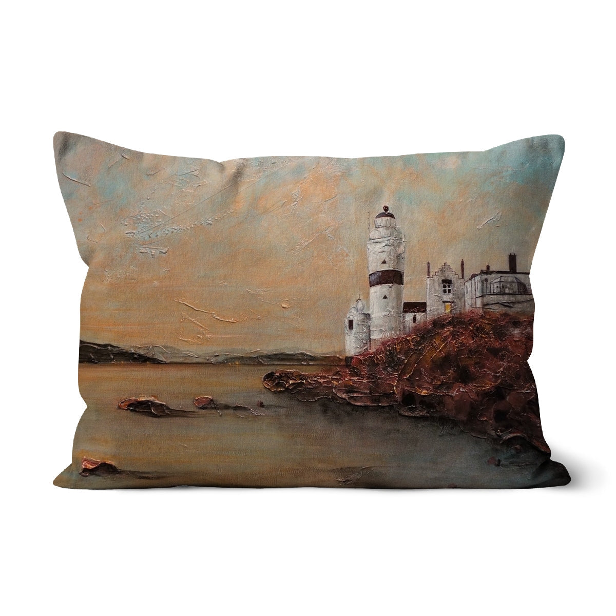 Cloch Lighthouse Dawn Cushion with painterly lighthouse and coastal scene artwork