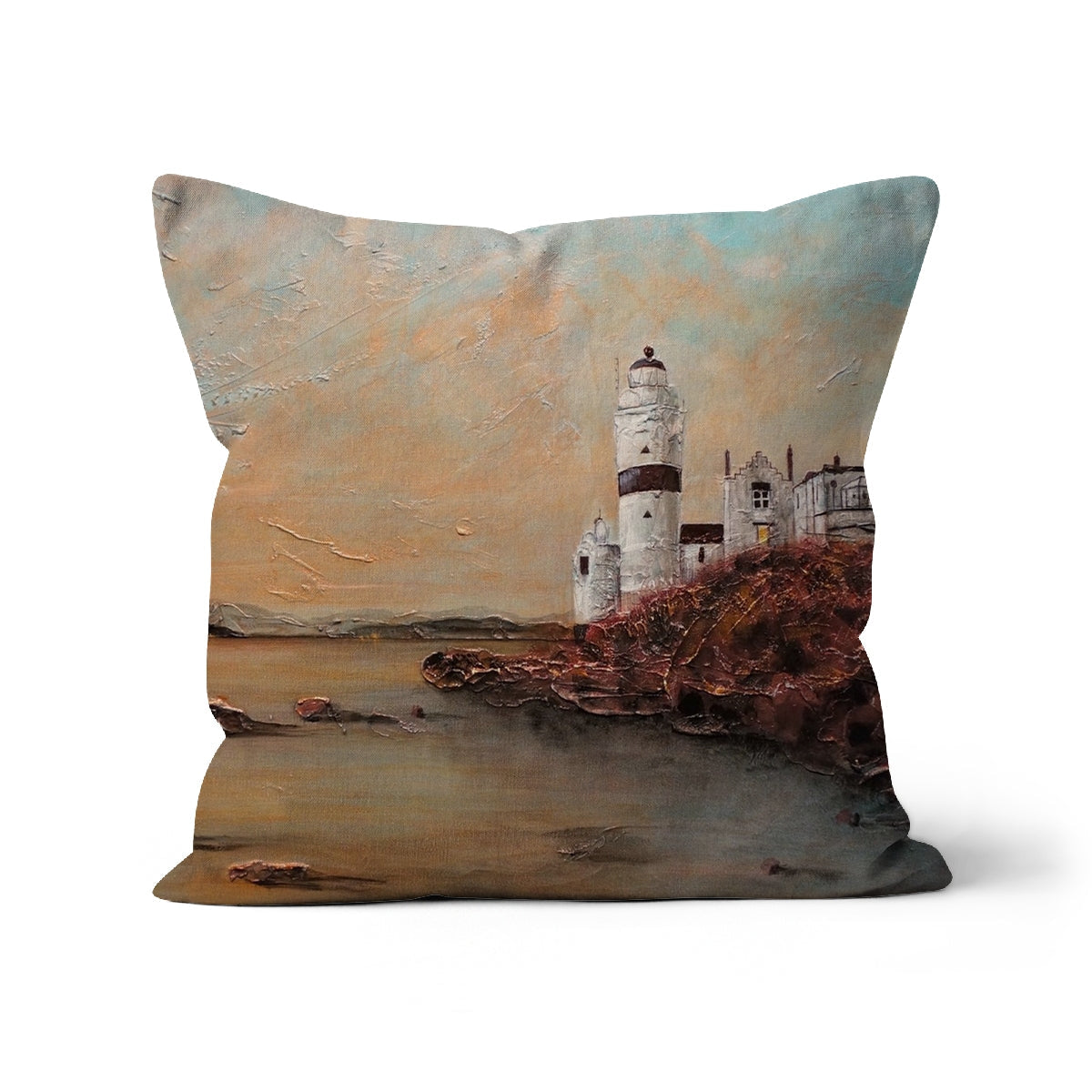 Decorative Cloch Lighthouse Dawn Cushion with impressionistic lighthouse painting on rocky coast