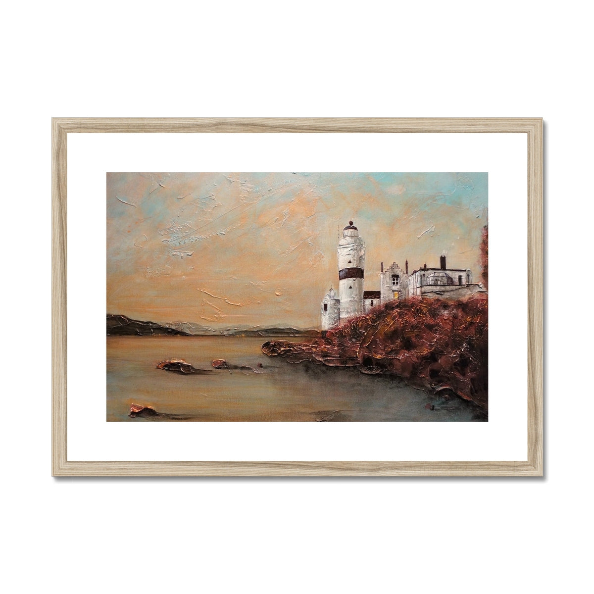 Framed oil painting of Cloch Lighthouse by the sea at sunset for Cloch Lighthouse Dawn print