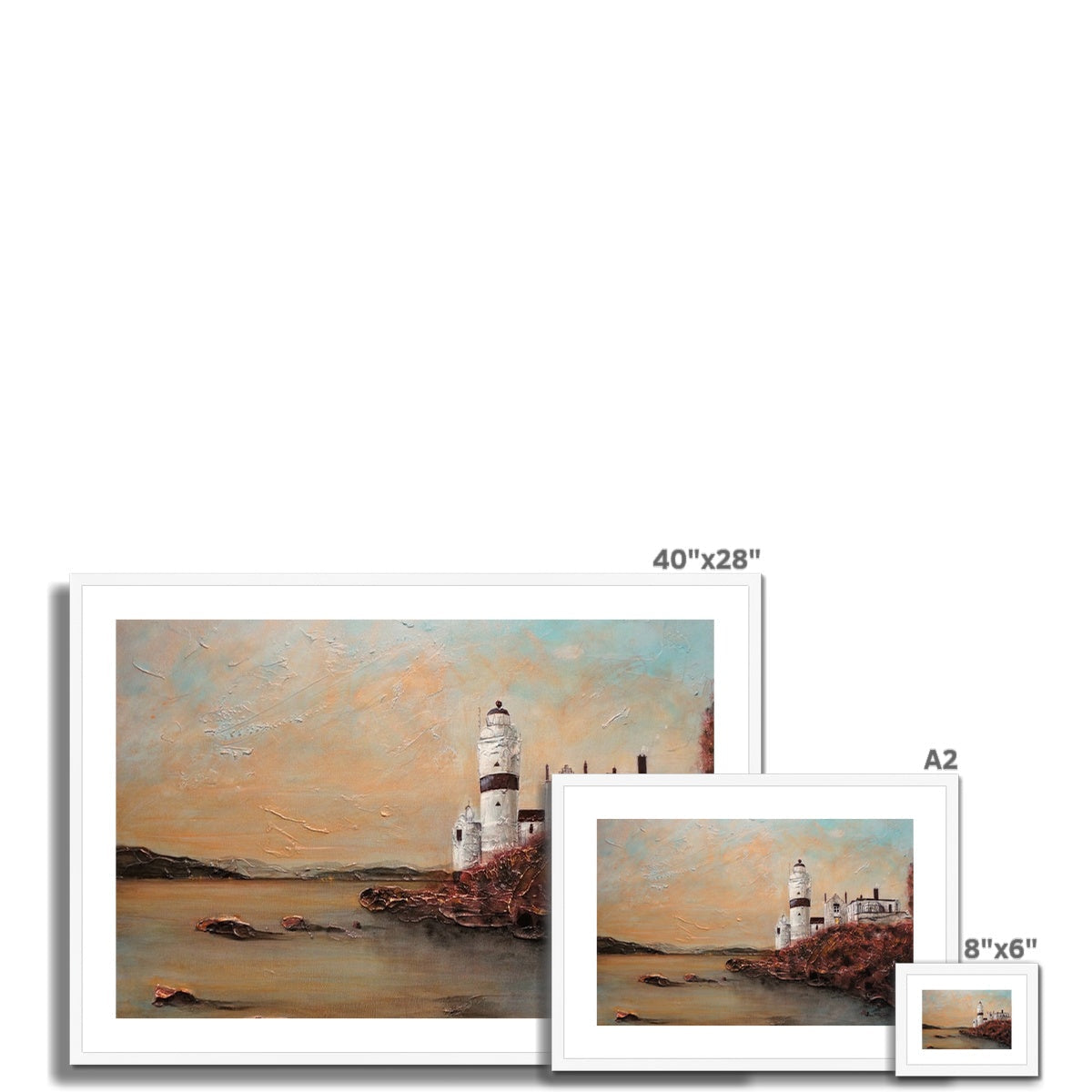 Set of three framed landscape prints of Cloch Lighthouse on rocky coast at dusk