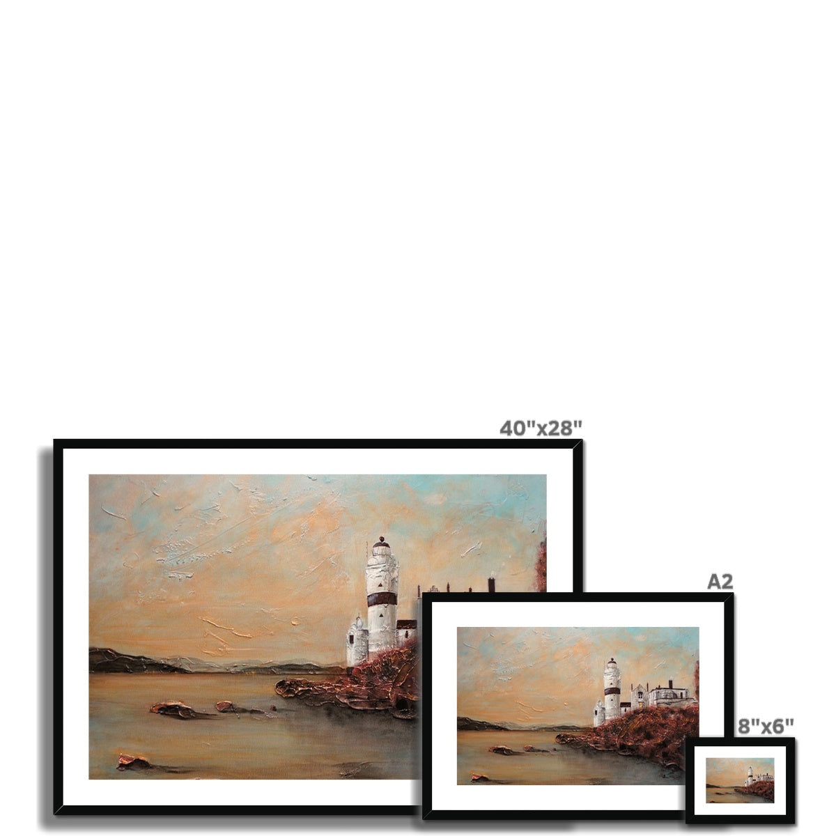 Set of three framed landscape prints of Cloch Lighthouse on rocky coast at sunset