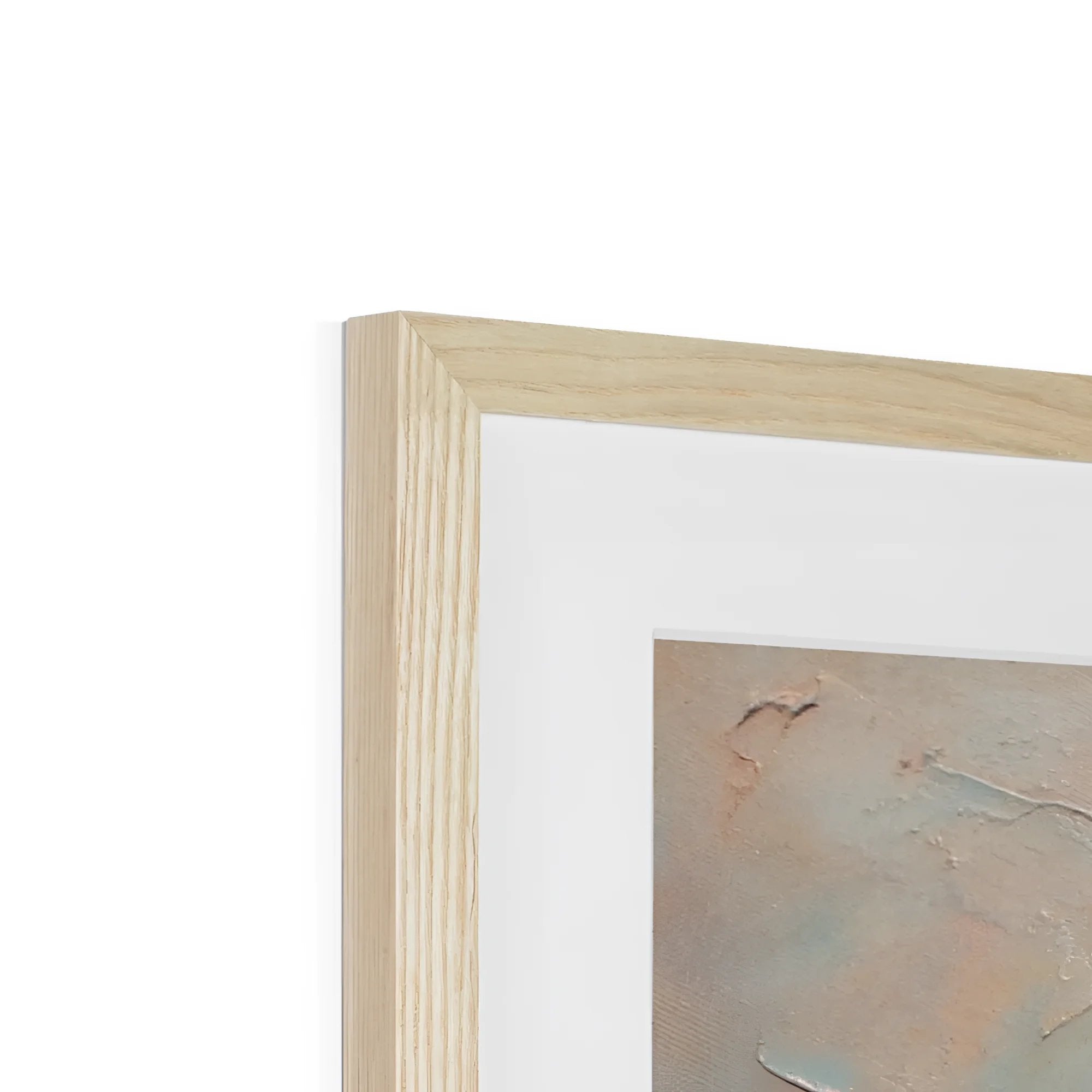 Light wood picture frame with white mat and abstract painting for Cloch Lighthouse Dawn print