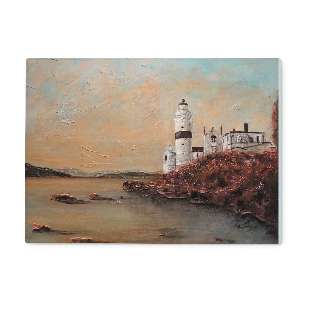Textured impressionist painting of Cloch Lighthouse and buildings on rocky coastline