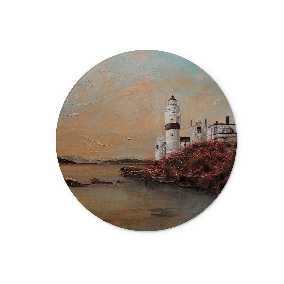 Circular painting of a lighthouse on rocky coast displayed on Cloch Lighthouse Dawn Glass Chopping Board
