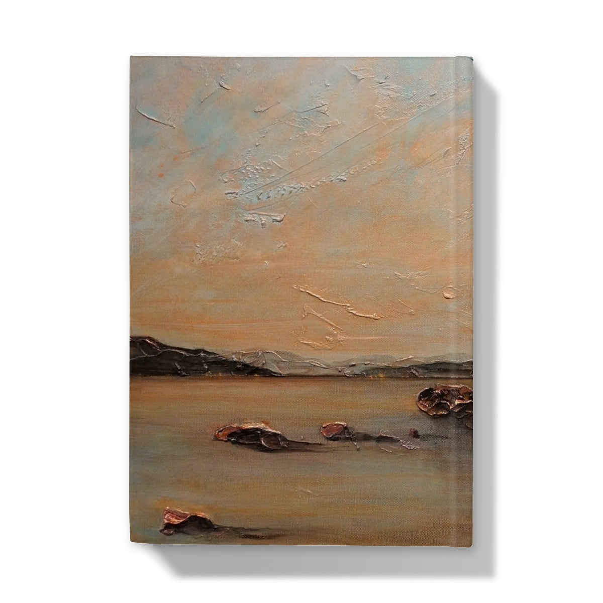 Textured oil painting of a tranquil seascape with mountains and rocks on Cloch Lighthouse Dawn Hardback Journal