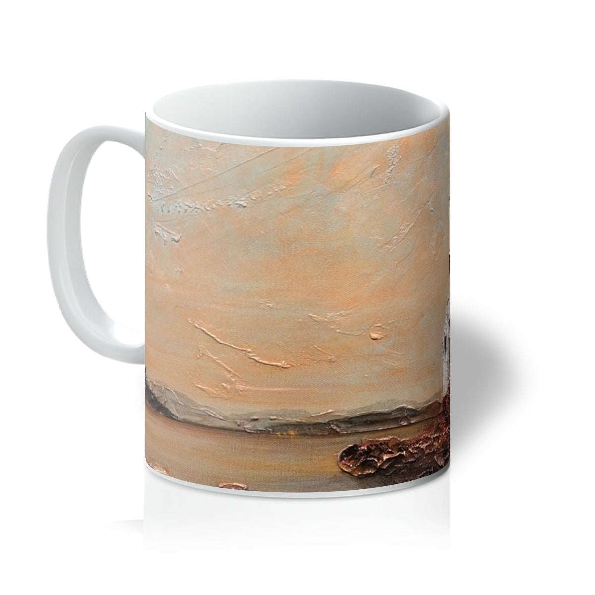 White ceramic Cloch Lighthouse Dawn Mug with abstract landscape and lighthouse artwork
