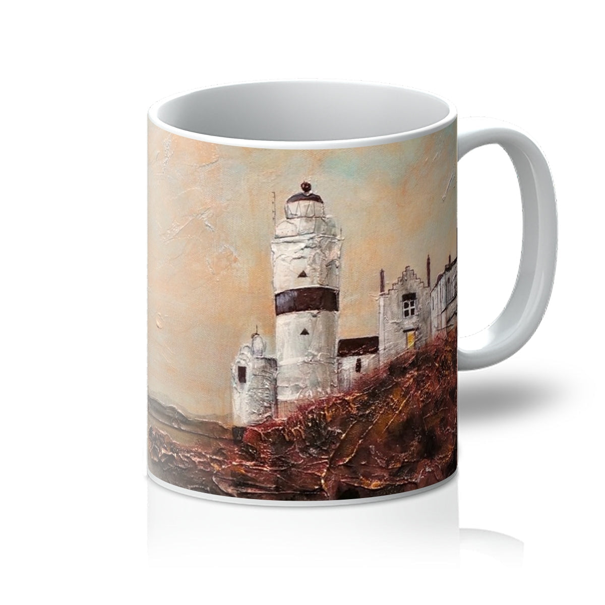 White ceramic Cloch Lighthouse Dawn Mug featuring a lighthouse painting design