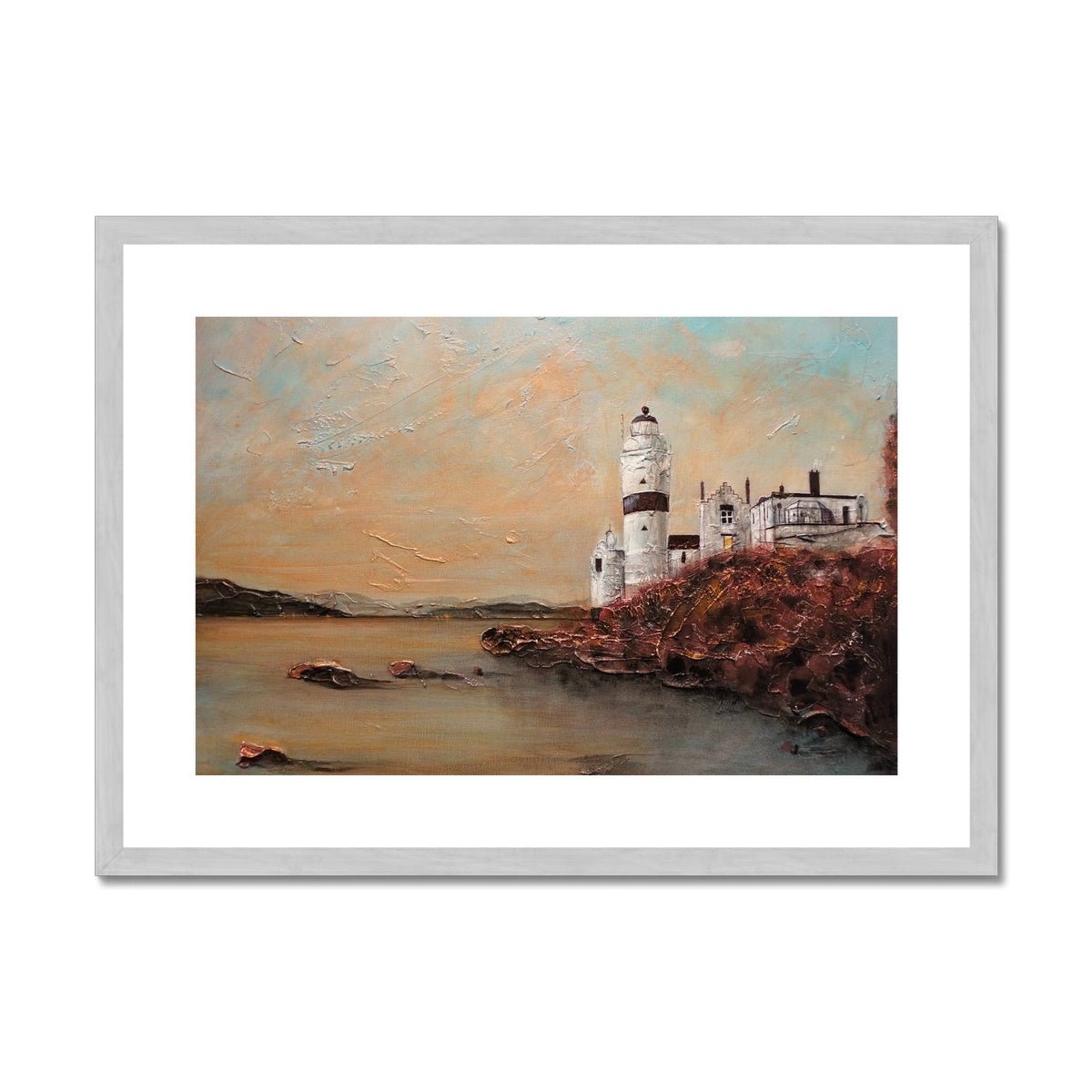 Cloch Lighthouse Dawn Painting | Antique Framed & Mounted Prints From Scotland-Antique Framed & Mounted Prints-River Clyde Art Gallery-A2 Landscape-Silver Frame-Paintings, Prints, Homeware, Art Gifts From Scotland By Scottish Artist Kevin Hunter
