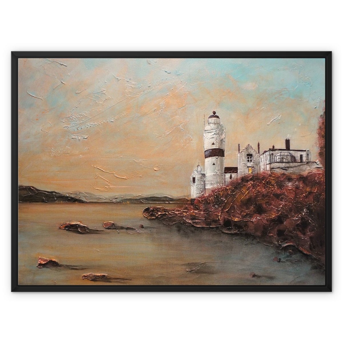 Cloch Lighthouse Dawn Painting | Framed Canvas From Scotland-Floating Framed Canvas Prints-River Clyde Art Gallery-32"x24"-Black Frame-Paintings, Prints, Homeware, Art Gifts From Scotland By Scottish Artist Kevin Hunter