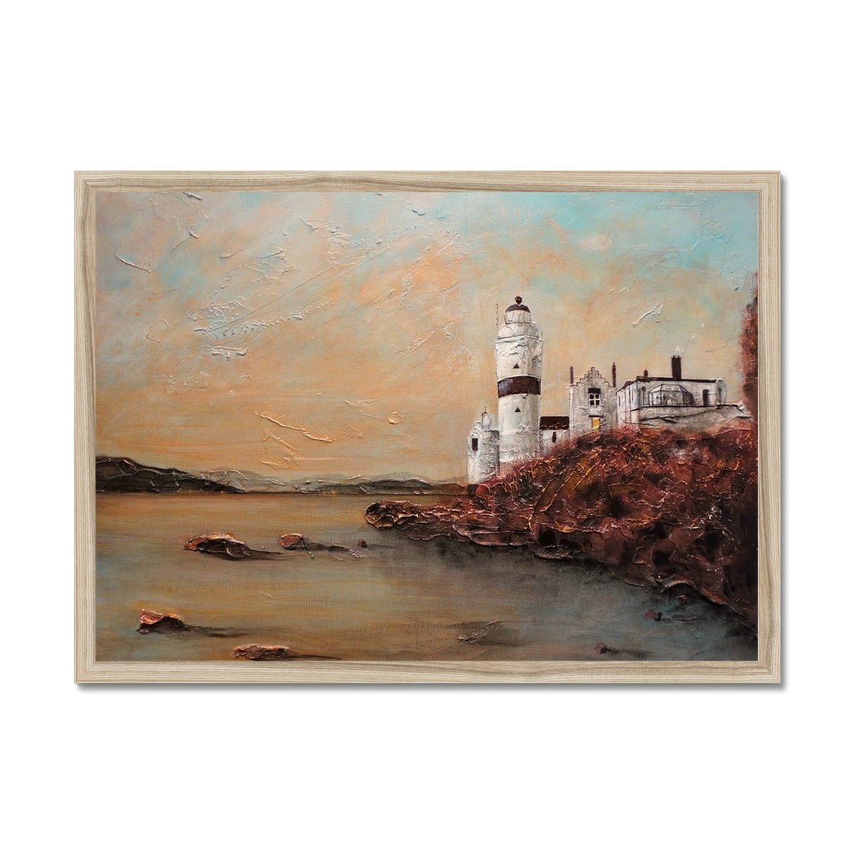 Cloch Lighthouse Dawn Painting | Framed Prints From Scotland-Framed Prints-River Clyde Art Gallery-A2 Landscape-Natural Frame-Paintings, Prints, Homeware, Art Gifts From Scotland By Scottish Artist Kevin Hunter