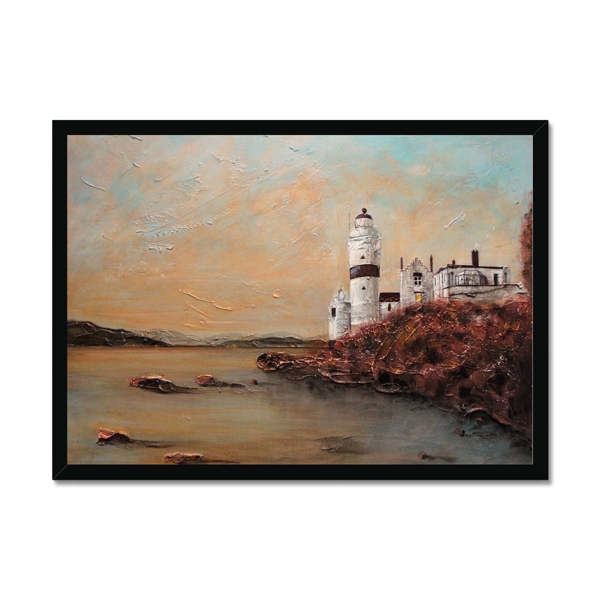 Cloch Lighthouse Dawn Painting | Framed Prints From Scotland-Framed Prints-River Clyde Art Gallery-A2 Landscape-Black Frame-Paintings, Prints, Homeware, Art Gifts From Scotland By Scottish Artist Kevin Hunter