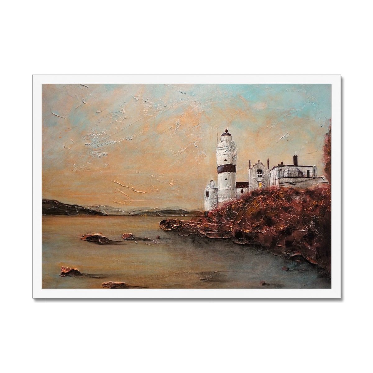 Cloch Lighthouse Dawn Painting | Framed Prints From Scotland-Framed Prints-River Clyde Art Gallery-A2 Landscape-White Frame-Paintings, Prints, Homeware, Art Gifts From Scotland By Scottish Artist Kevin Hunter