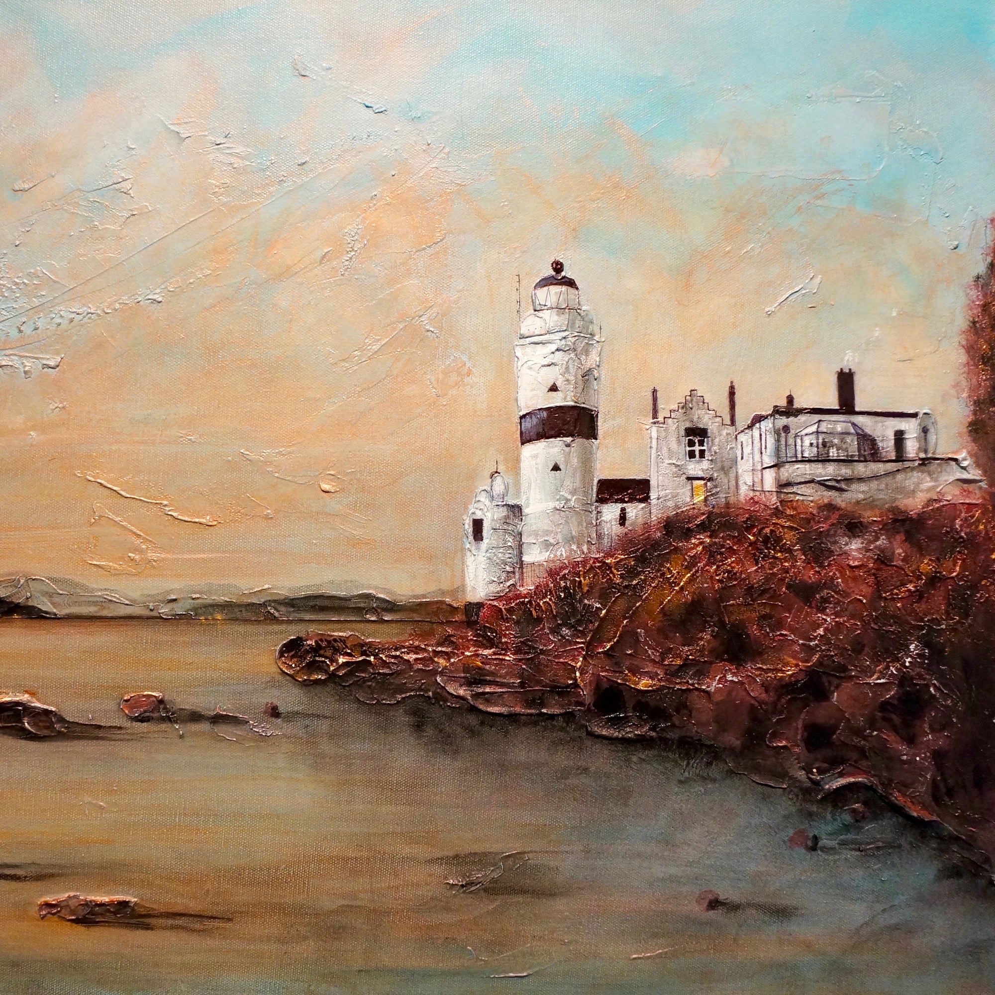Impasto painting of Cloch Lighthouse and coastal buildings on rocky shores in Scotland