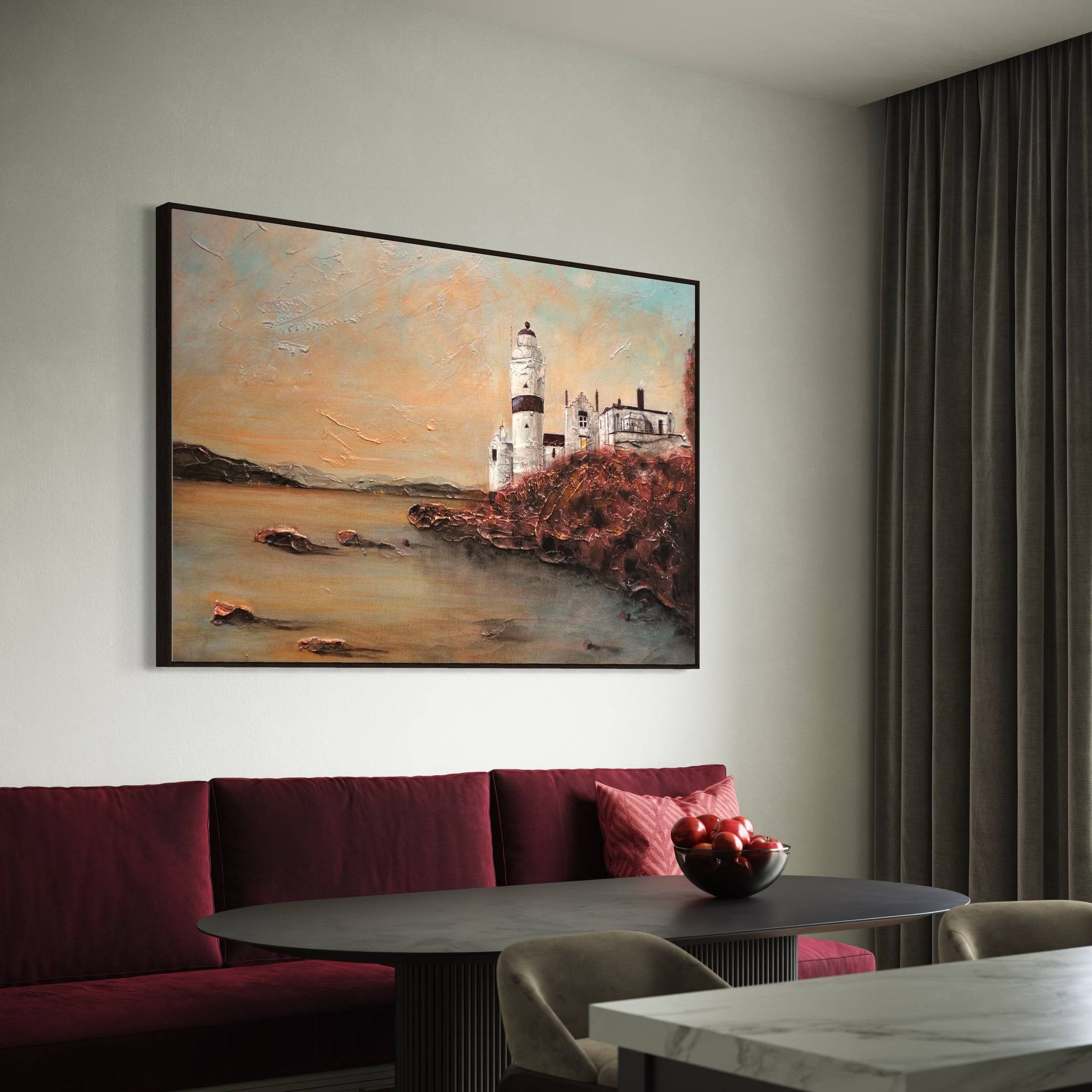 Framed oil painting of Cloch Lighthouse on rocky Scottish coast for wall decor