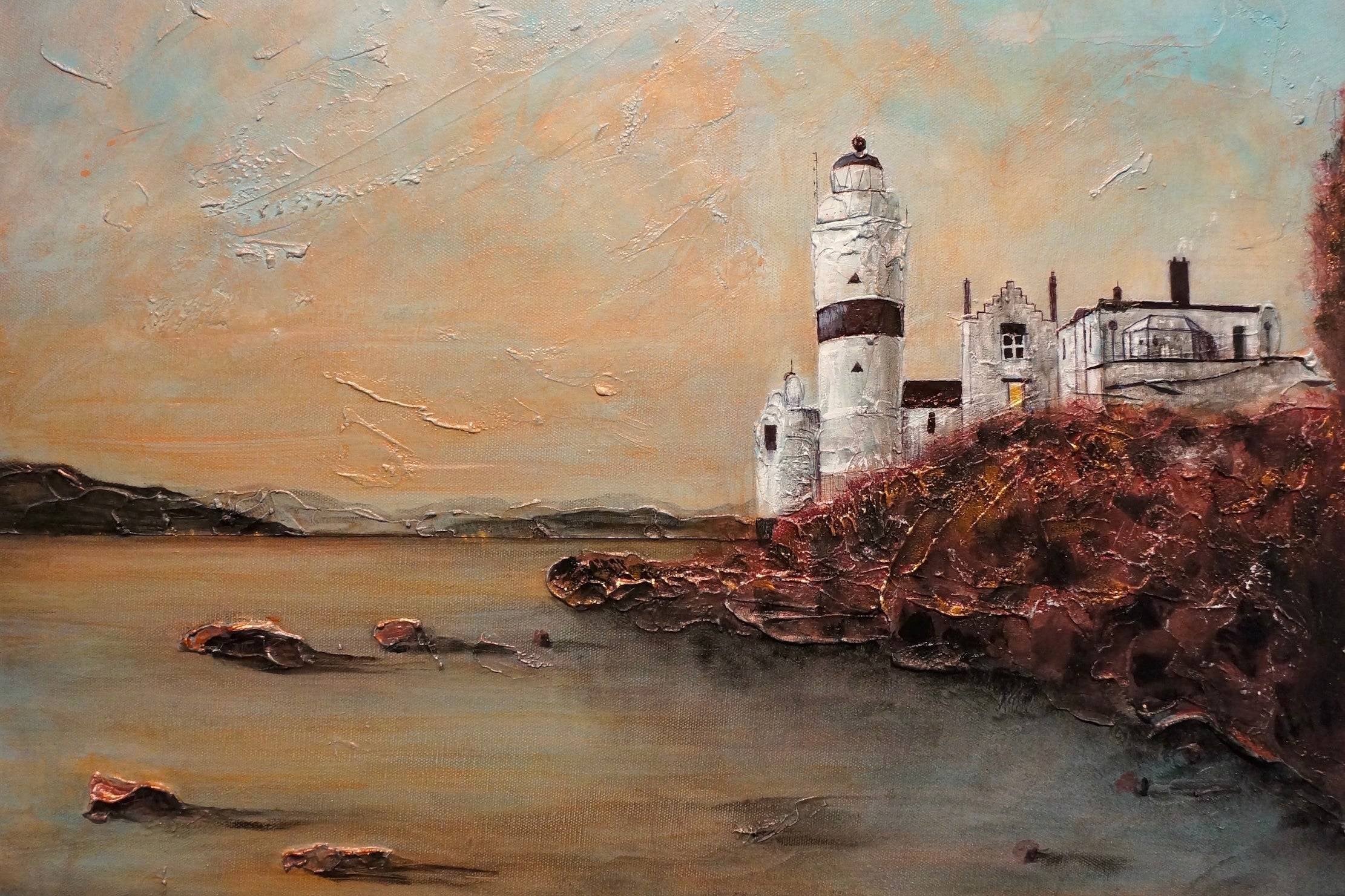 Painting of Cloch Lighthouse and buildings on rocky Scottish coast at sunset for wall art