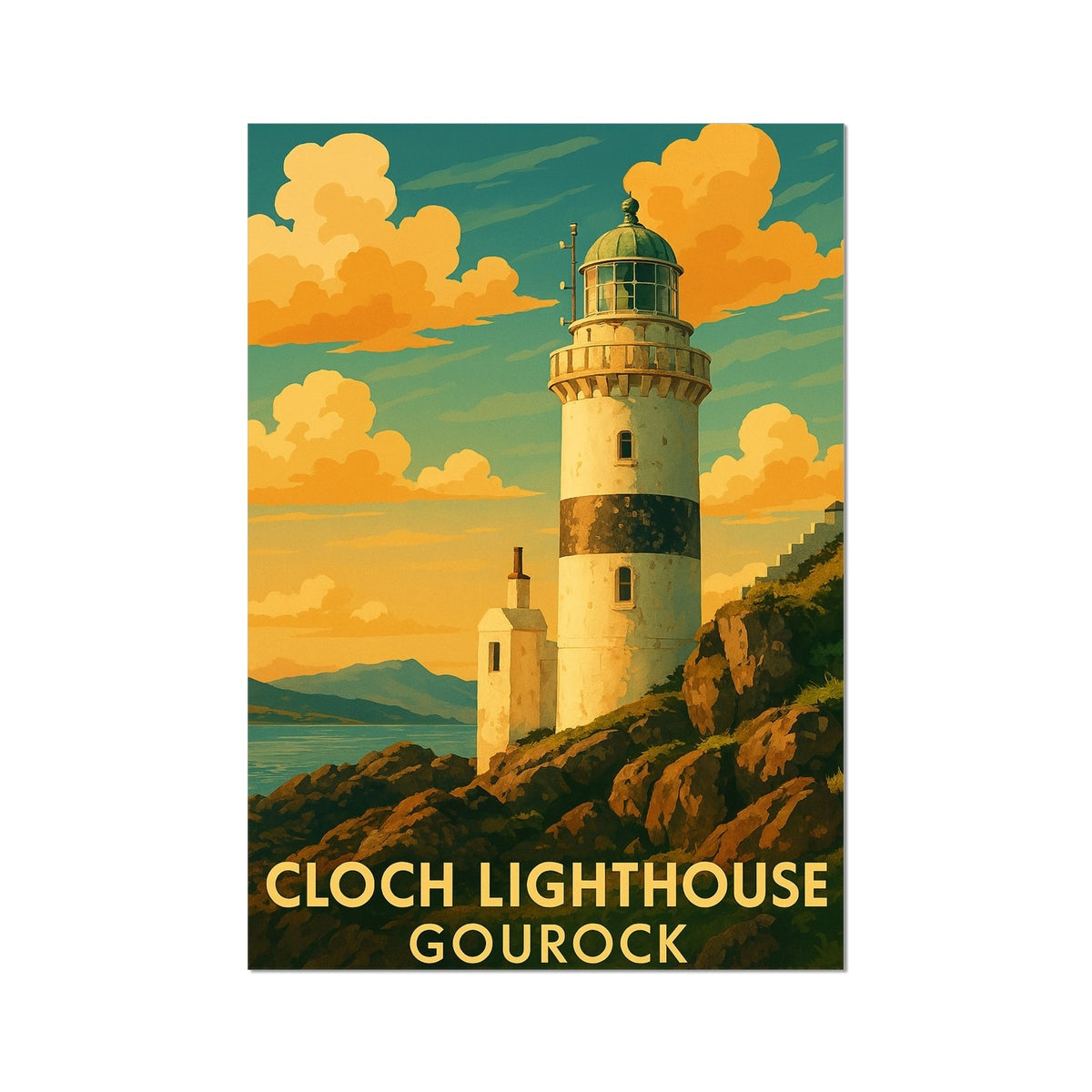 Vintage Cloch Lighthouse Gourock poster with striped design and golden accents