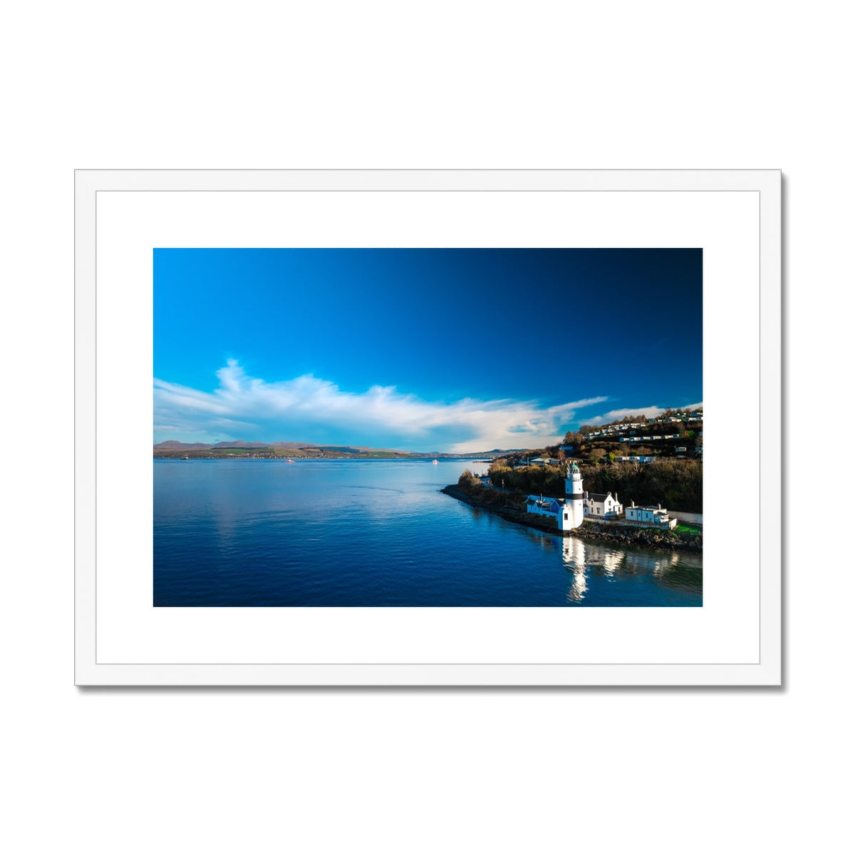 White framed Cloch Lighthouse coastal art print with blue sea and shore buildings