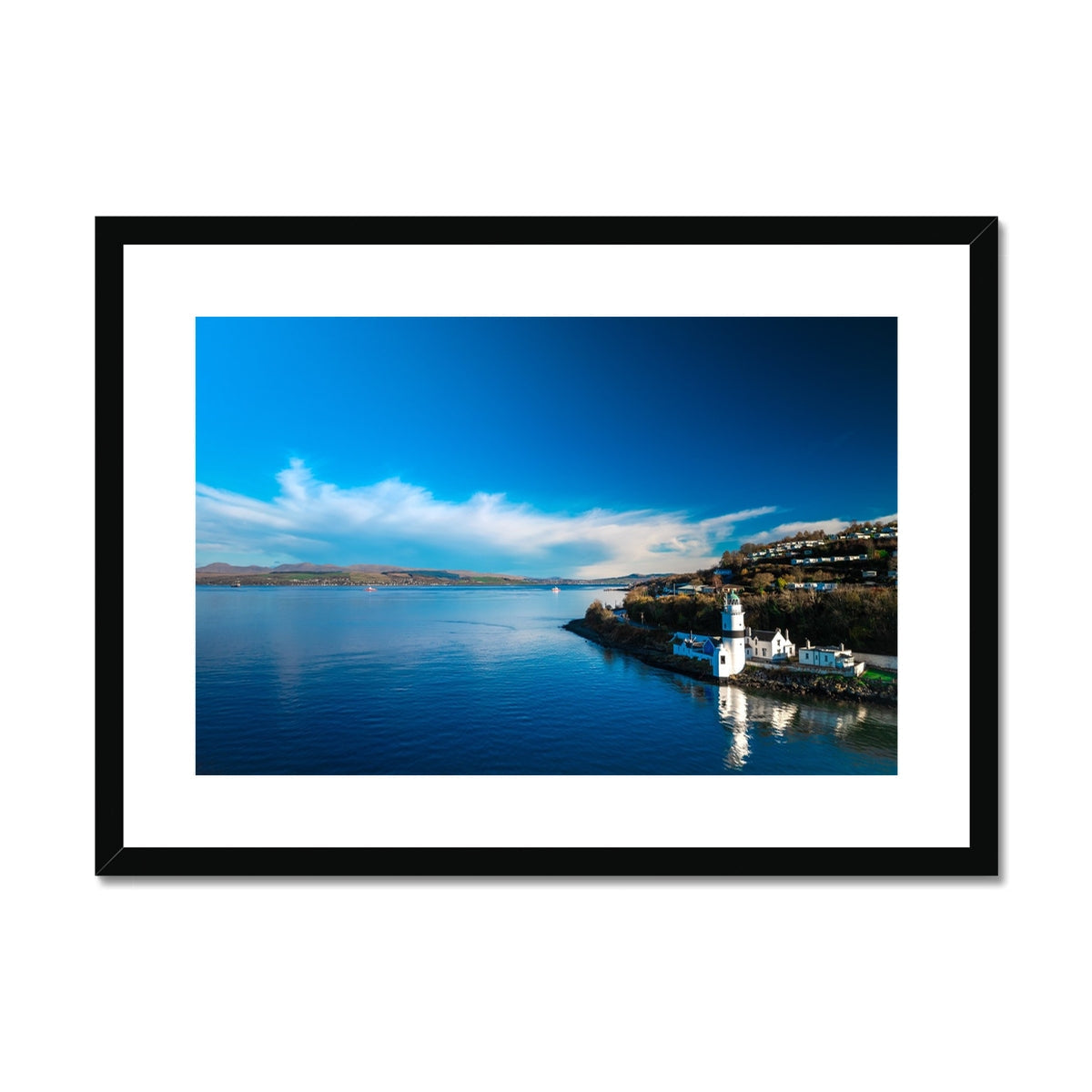 Black framed Cloch Lighthouse coastal art print with blue sea and sky