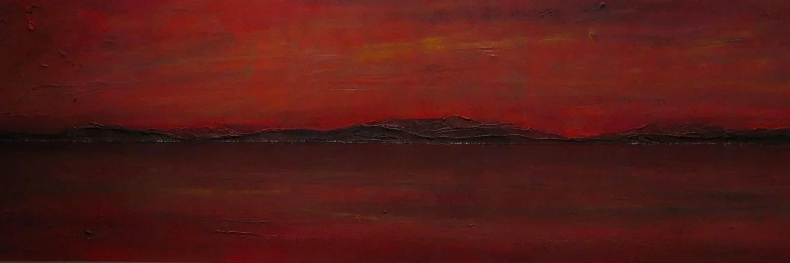 Red sunset landscape painting with rolling hills in Clyde Dusk Arrival