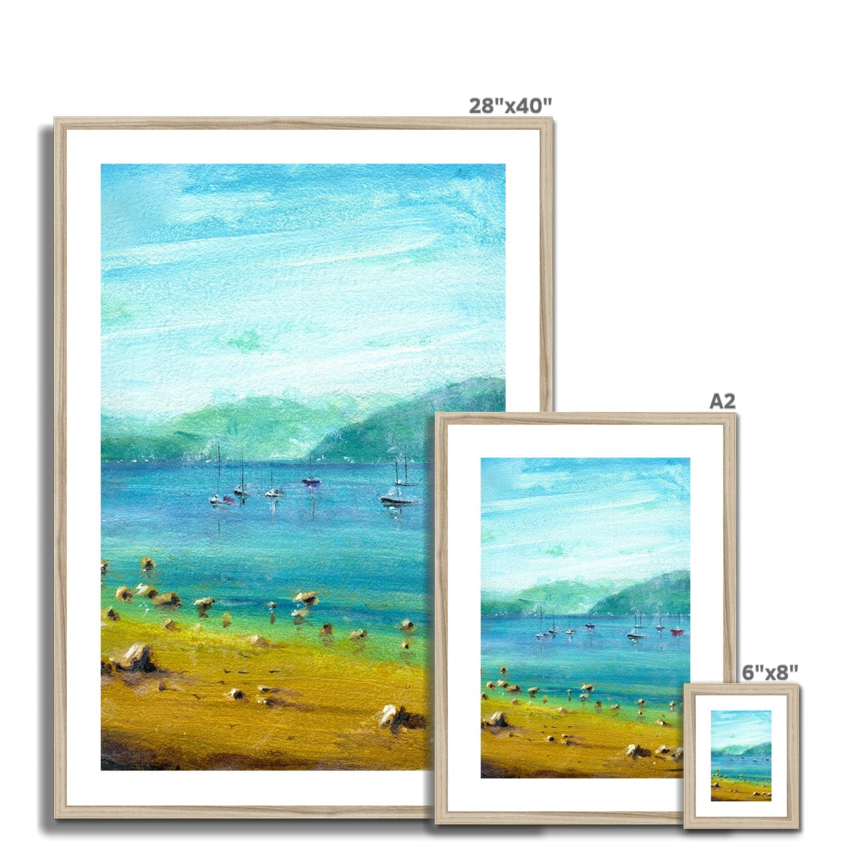 28x40 Framed Beach Scene Painting with Sailboats and Seagulls in Light Beige Frame