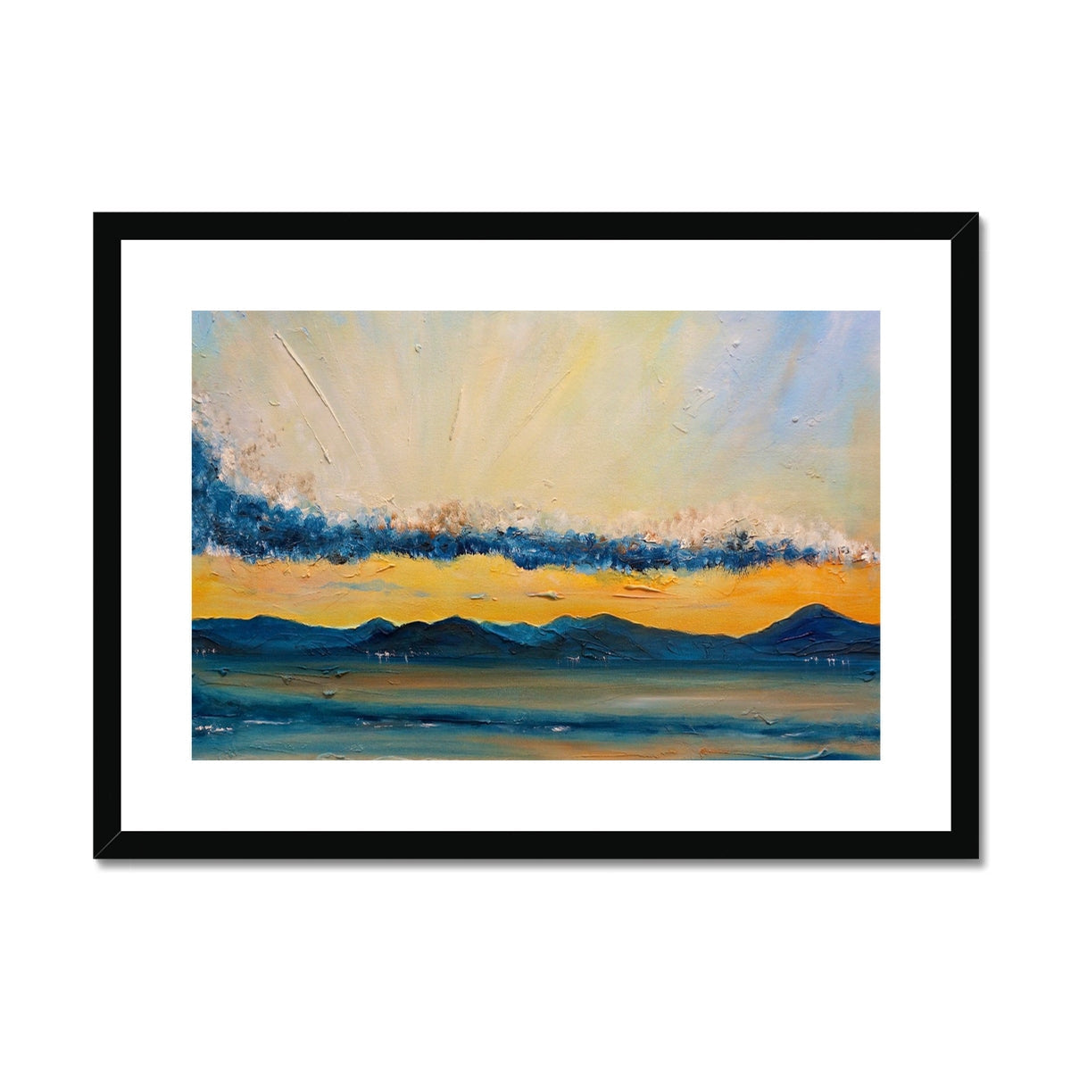 Framed Clyde Summer Storm Clouds abstract landscape print in blue yellow hues