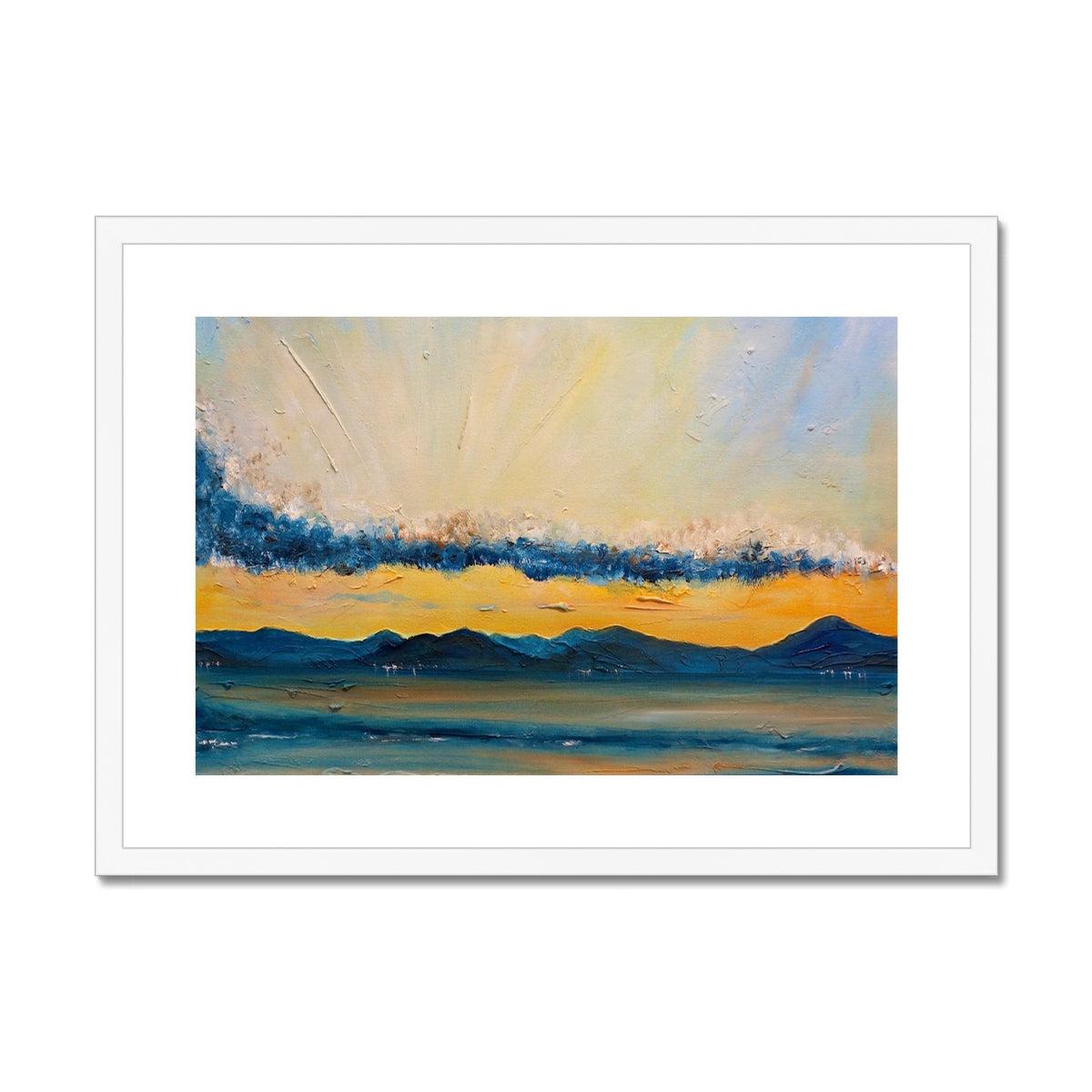 Blue and yellow abstract landscape in Clyde Summer Storm Clouds framed print