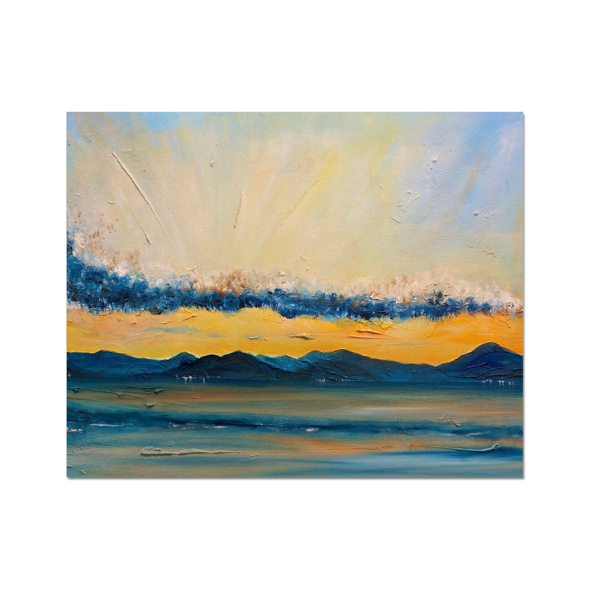 Yellow and blue abstract landscape with textured brushstrokes, Clyde Summer Storm Clouds Hahnemühle print