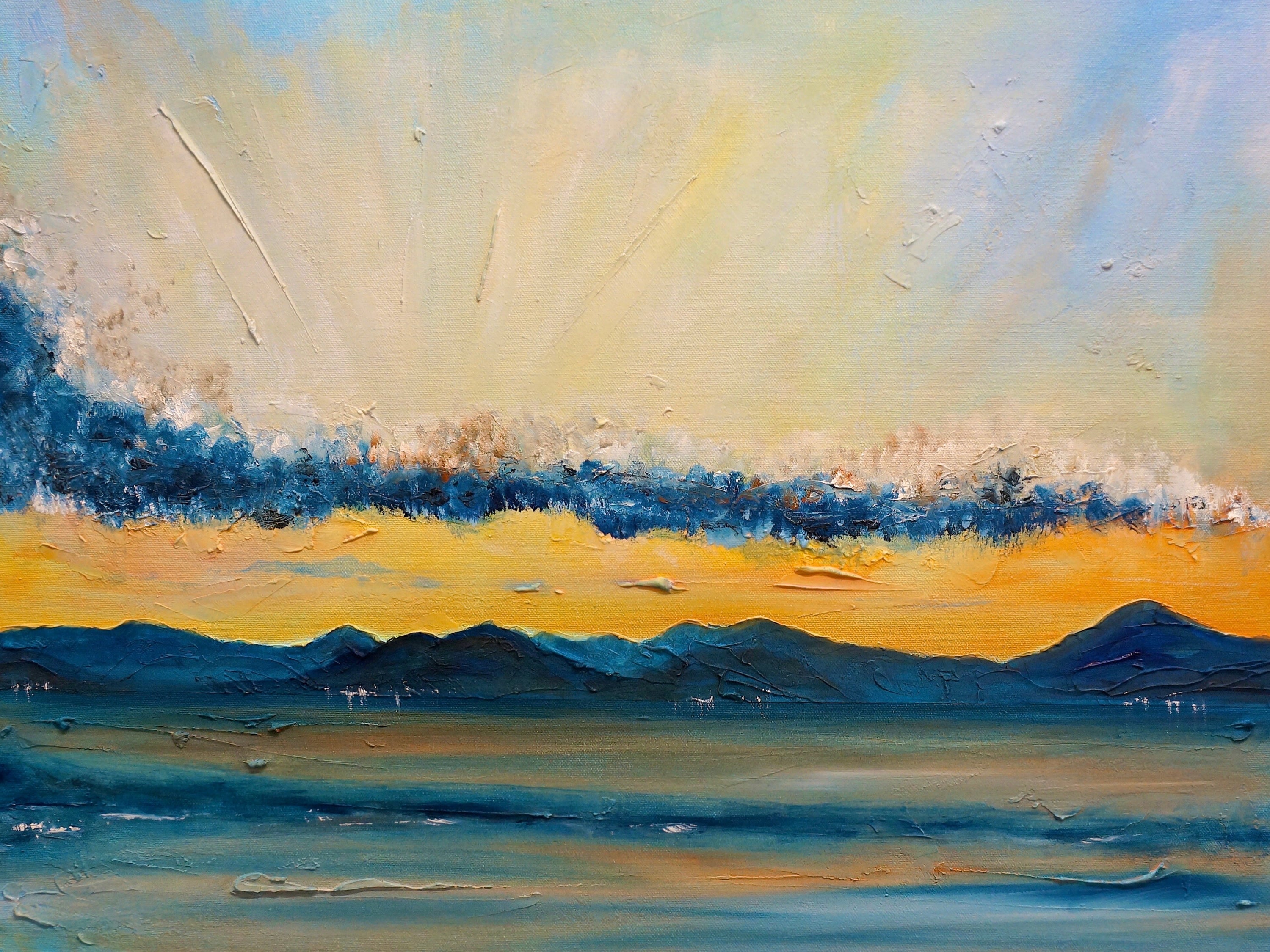 Vibrant oil painting of a dramatic seascape with mountains and stormy sky titled Clyde Summer Storm Clouds Original Painting