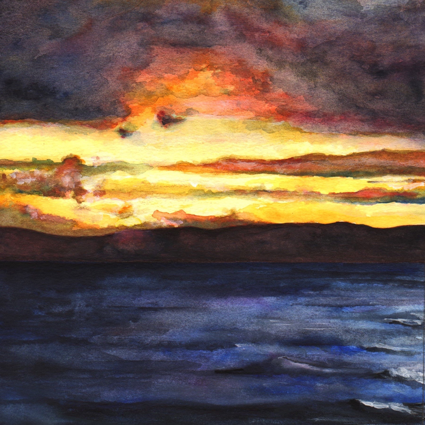 Vibrant watercolor of a dramatic sunset over a dark wavy sea in Clyde Sunset Scotland In Your Pocket