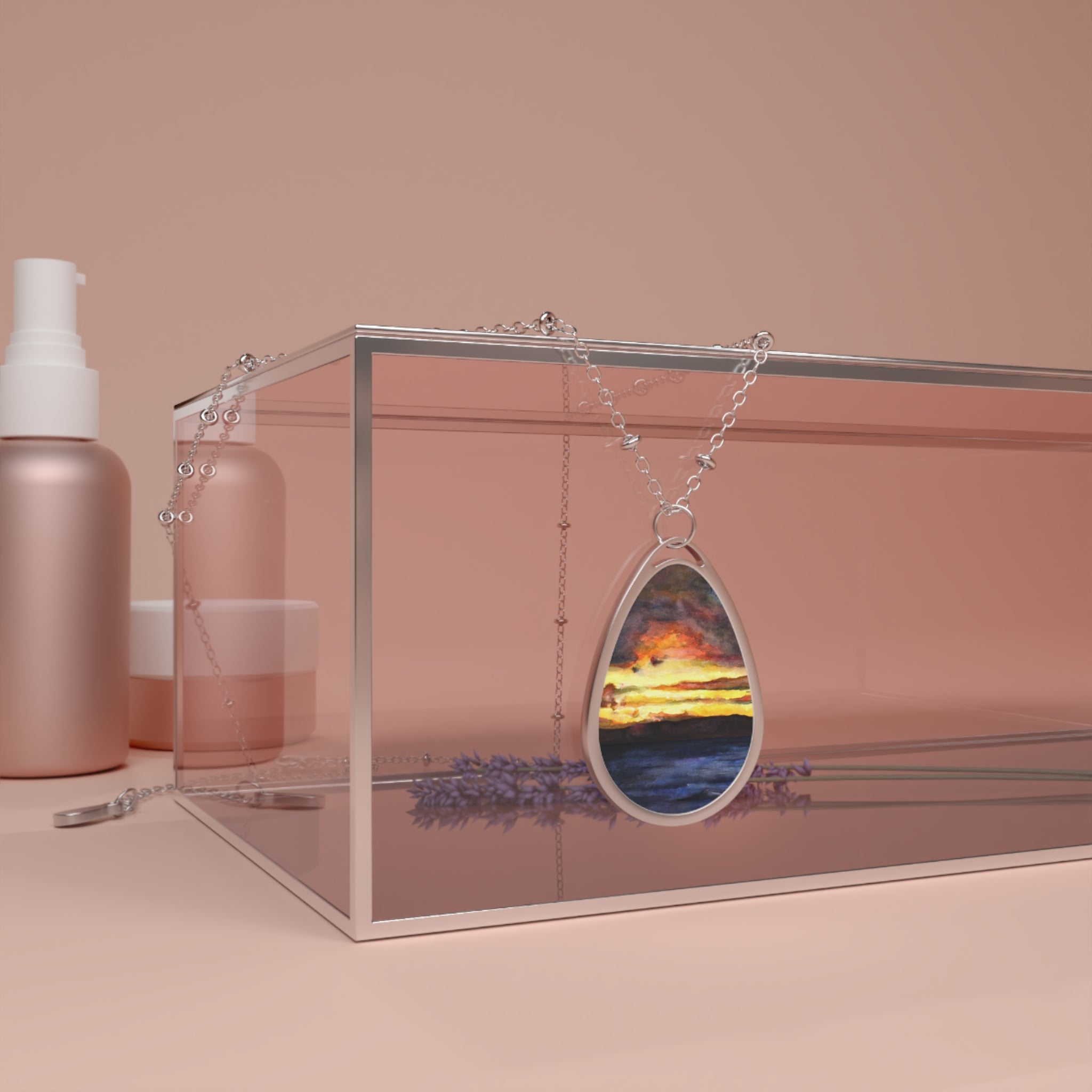 Silver teardrop pendant featuring a sunset scene from Clyde Sunset Scottish Jewellery Necklace