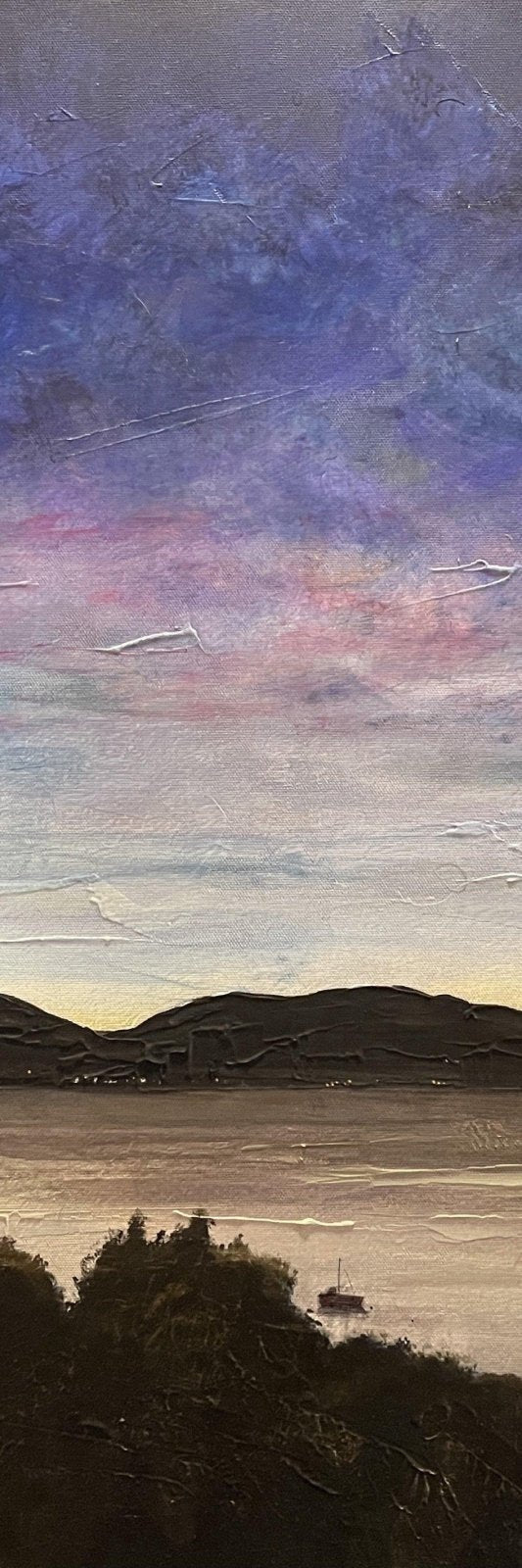 Narrow landscape painting with textured sky, mountains, water, boat, and foliage from Clyde Twilight Triptych