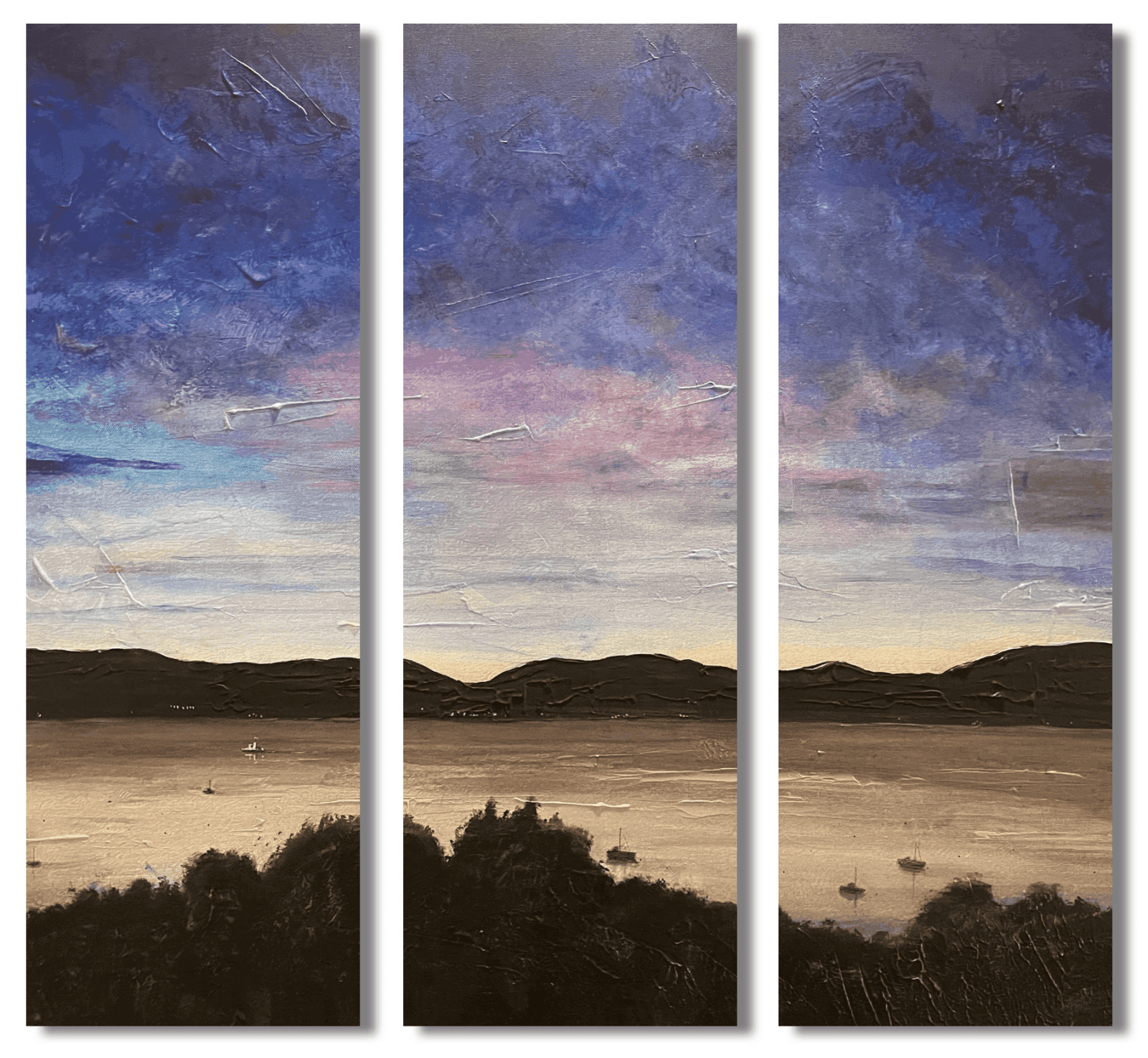 Triptych landscape painting titled Clyde Twilight, statement interior wall art from Scotland