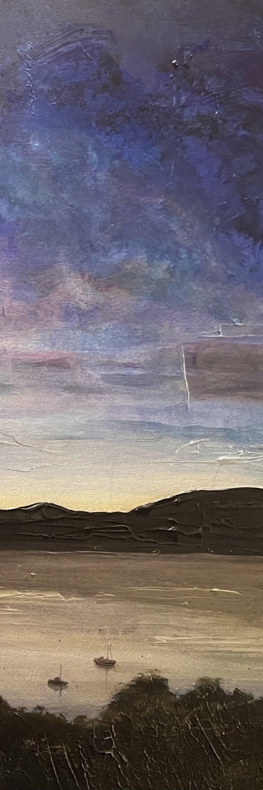 Oil painting of a tranquil Scottish seascape at dusk with boats and mountains