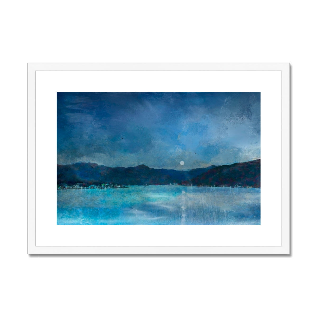 Blue Watercolor Clyde Winter Morning Moon Landscape in White Frame