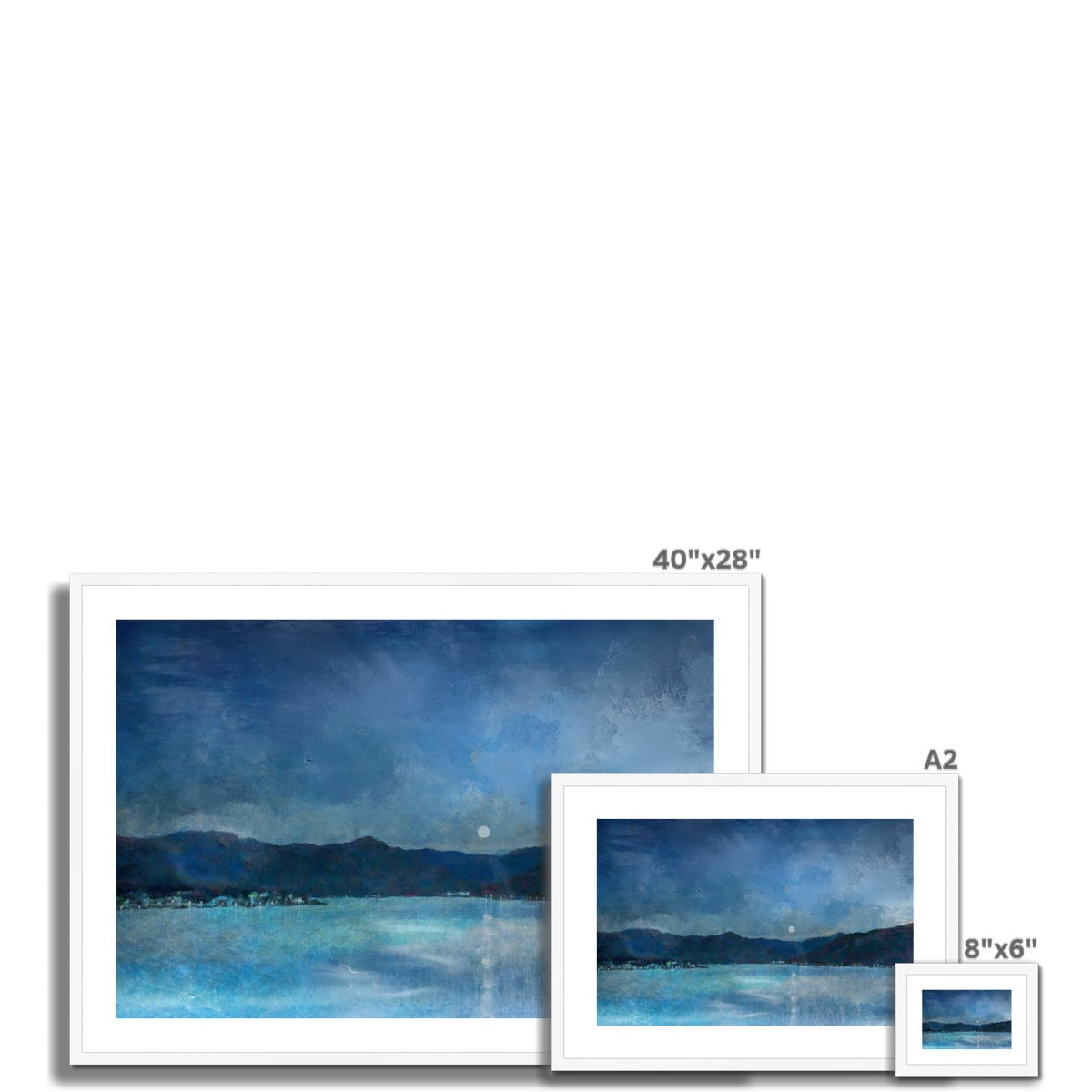 Clyde Winter Morning Moon 40x28 framed canvas print of serene blue landscape