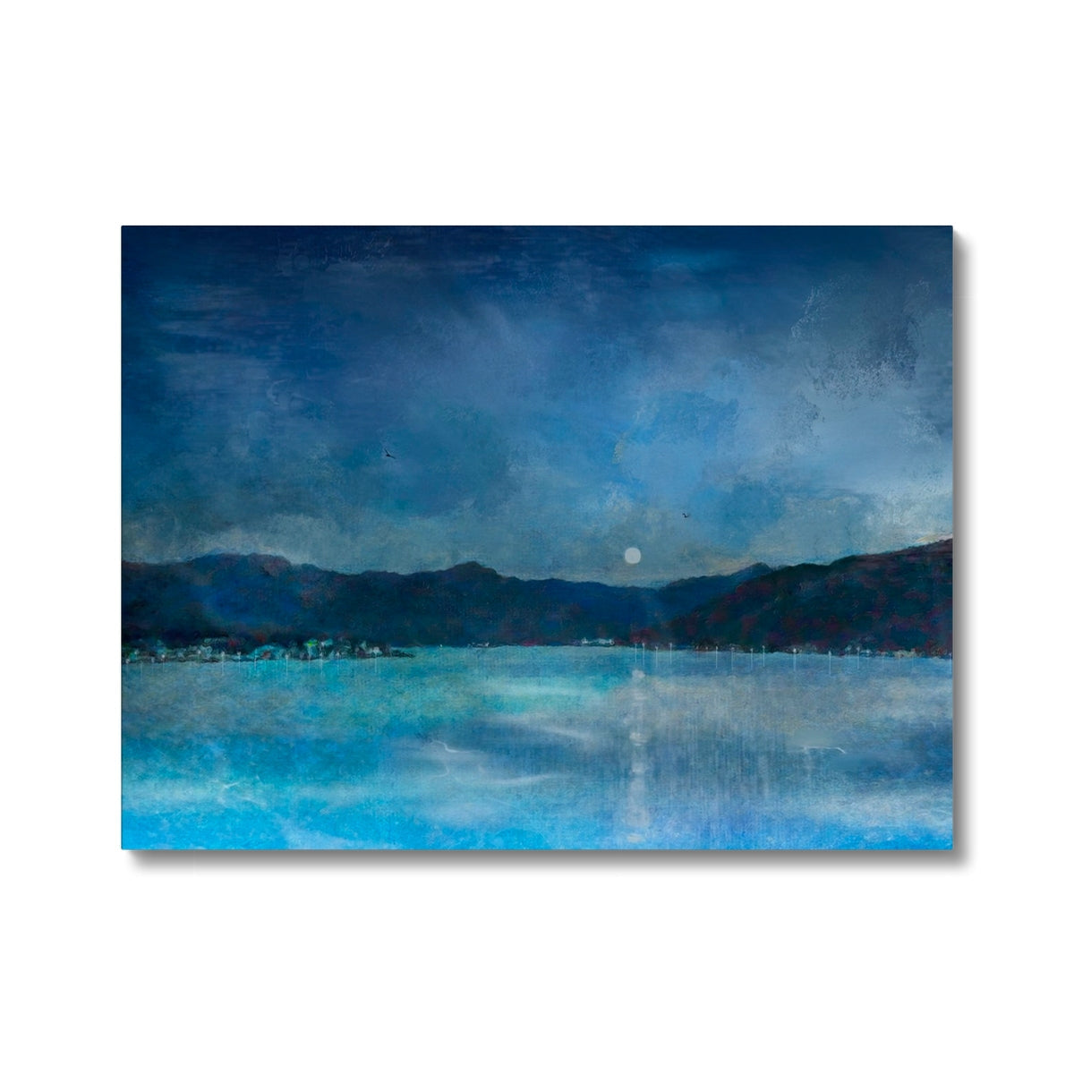 Blue and white watercolor of serene Clyde Winter Morning Moon lake with mountains