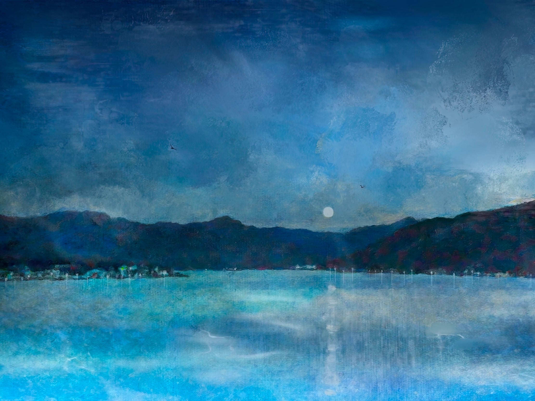 Dark blue landscape painting of a moonlit lake with mountains and a village scene
