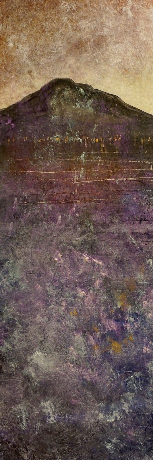 Textured painting of dark mountains under warm cloudy sky with purple and brown abstract hues