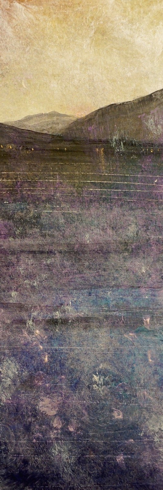 Textured landscape painting of mountains over water in Clyde Winter Triptych wall art