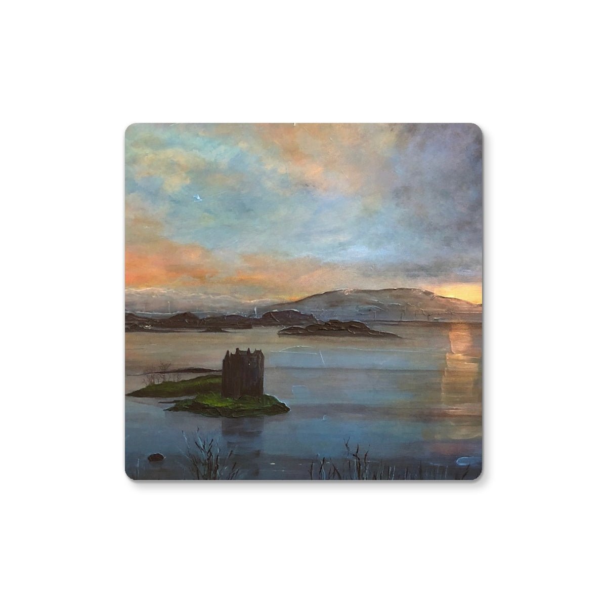 Castle Stalker Twilight Art Gift Coaster-Coasters-Scottish Castles Art Gallery-Single Coaster-Paintings, Prints, Homeware, Art Gifts From Scotland By Scottish Artist Kevin Hunter