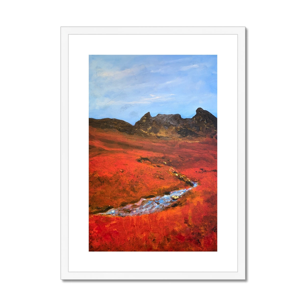 Red and orange Arrochar landscape art print in white frame