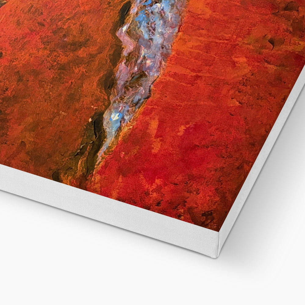 Red and orange abstract art print on canvas with metallic accents, The Cobbler Arrochar