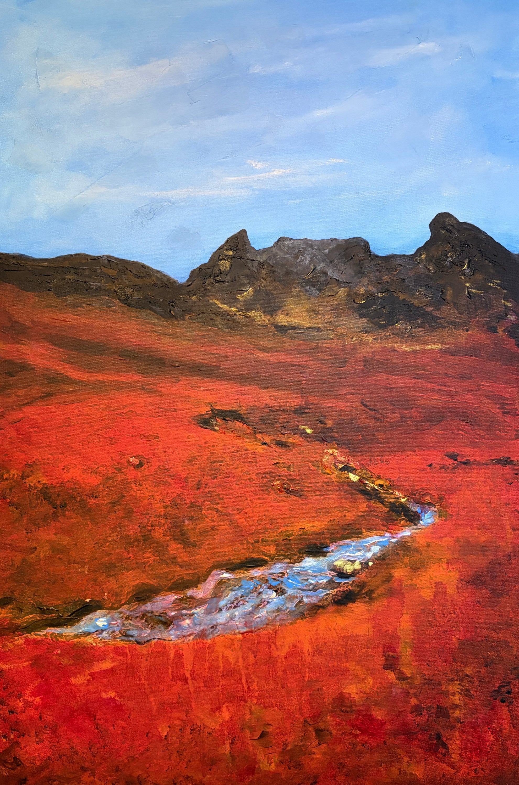 Red and orange abstract Scottish landscape painting of Arrochar mountains