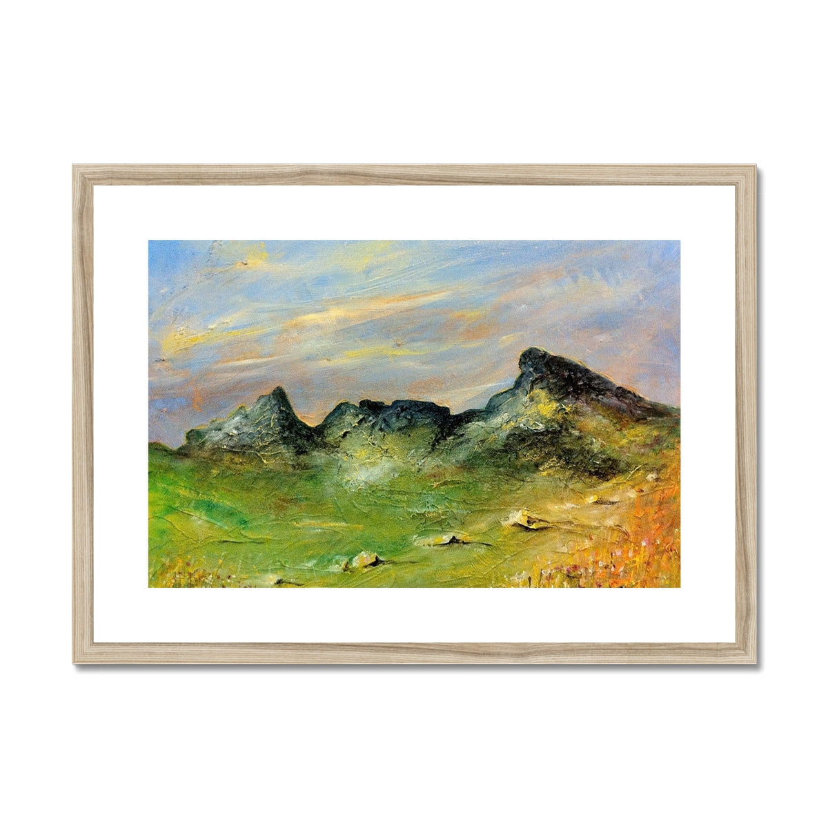 Framed mountain landscape painting in green blue hues textured brushstrokes wooden frame The Cobbler Art Prints