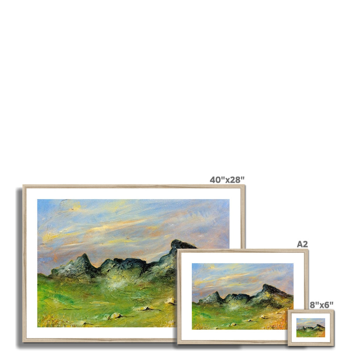 40x28 inch framed landscape painting in green blue hues white frame The Cobbler Art Prints