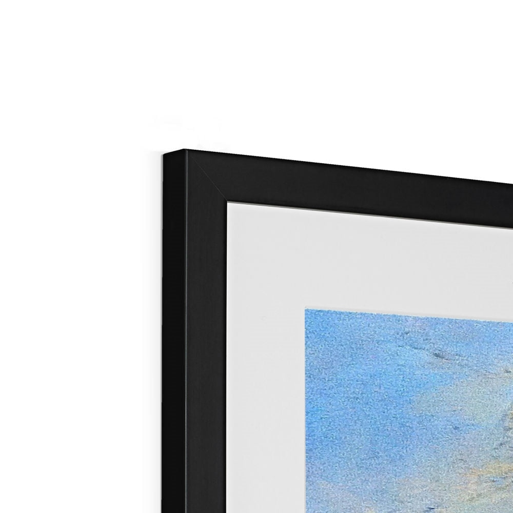 Black matte frame with white mat and textured blue Cobbler Art Prints artwork